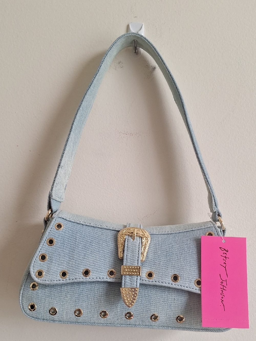Betsey Johnson Denim Grommet Baguette Bag Western Gold Buckle Y2K